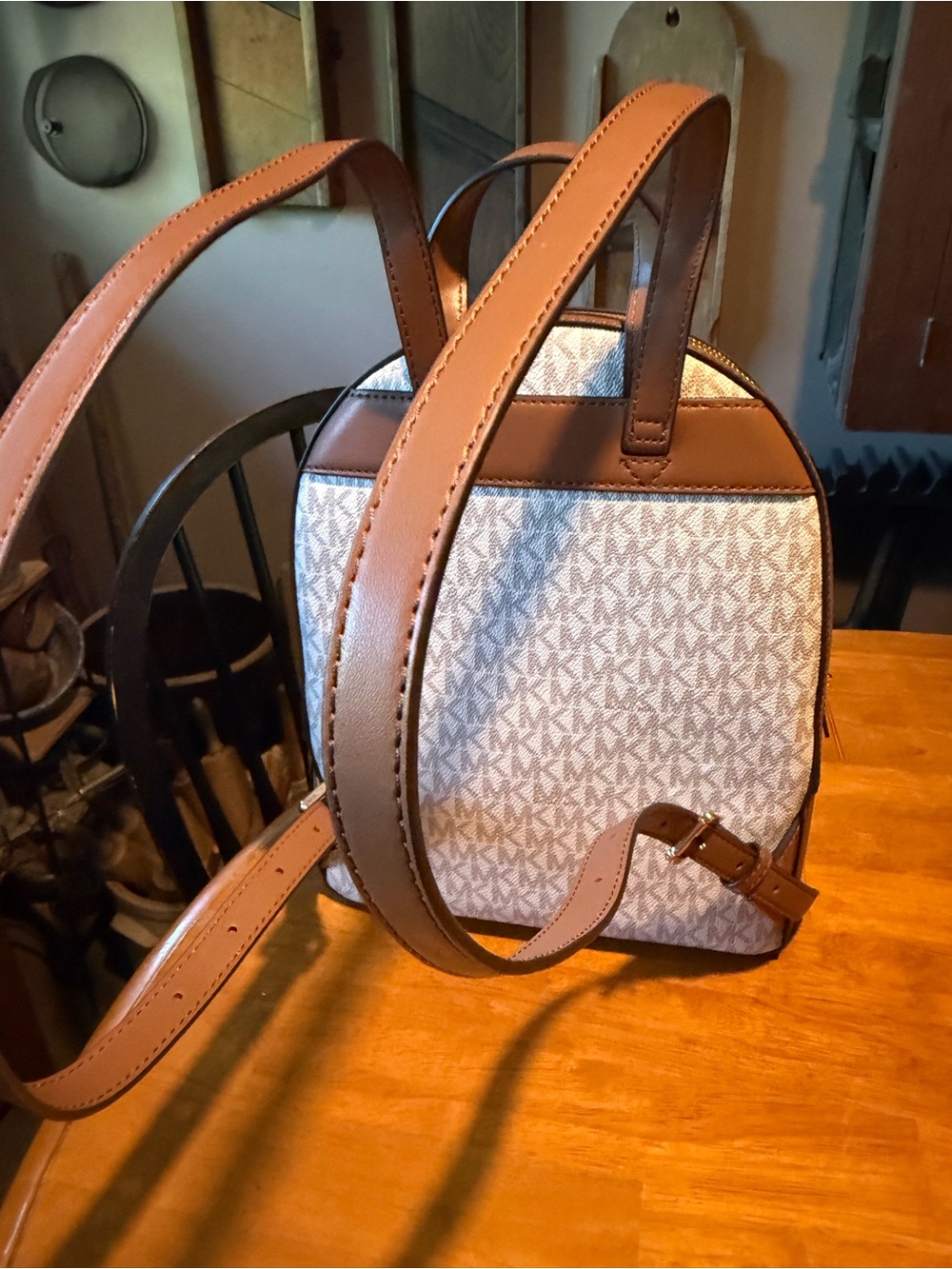 NWT Michael Kors MK Beige and Brown Signature Mini Backpack - Picture 4 of 7